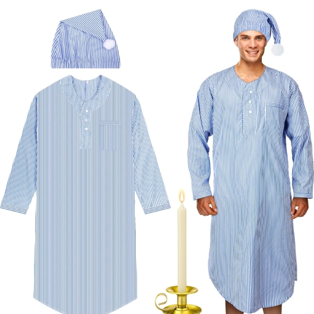 Striped Blue Nightshirt with Cap and Candle Holder Costume Size XXXL